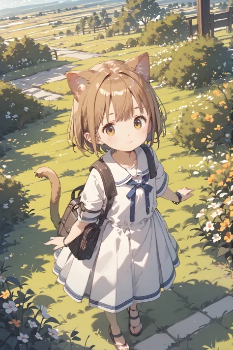 
high image quality、High Quality、8ｋ、4ｋ、Cat ears、 cat tail、White Summer Dress、Juvenile body、mature face、pretty face、Aerial View 、skirt and hair fluttering in the wind