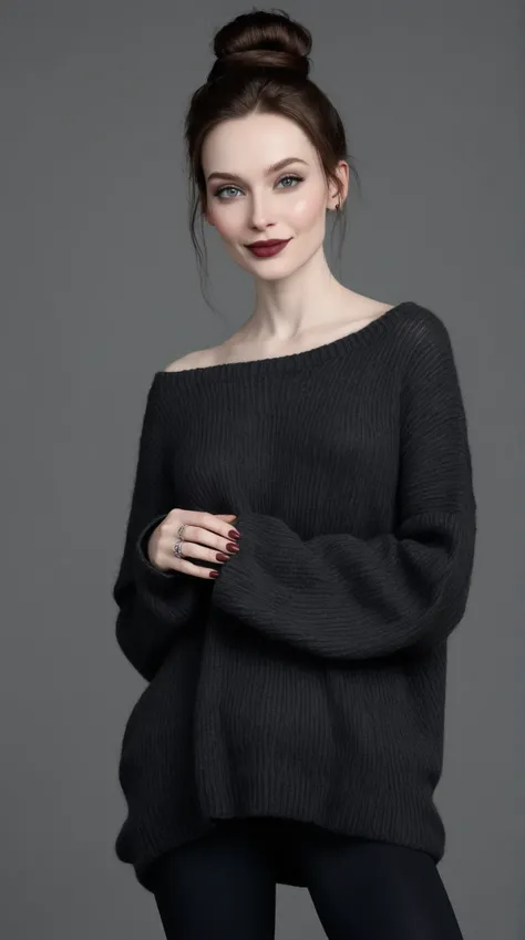 Realistic portrait of a woman, 170 cm tall, pale skin with cool undertone, long ash brown (graphite) hair, either loose or in a messy bun. Grey eyes, full wine-red lips, slight smirk. Wearing oversized black sweater and simple black leggings. Barefoot. No ...