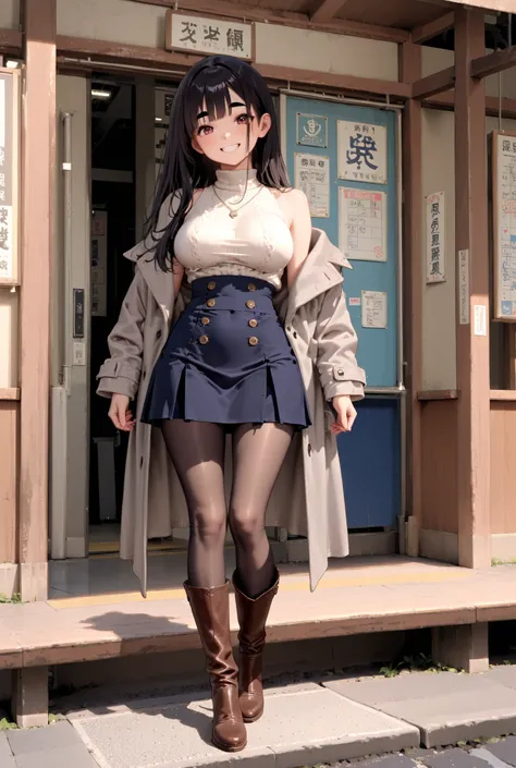 masterpiece、best quality、1 girl、full body、standing、smiling、long black hair、Thick eyebrows、beautiful breasts、clear、red brown tight knee-high boots、black stockings、navy blue high waisted midi skirt、white high neck knit inner、 grey coat、In front of a Japanese...