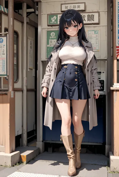 masterpiece、best quality、1 girl、full body、standing、 Exposure、shy、胸を Exposure、long black hair、beautiful breasts、clear、Light Brown Knee High Boots、dark blue high waist skirt、white high neck knit inner、 grey coat、In front of a Japanese station