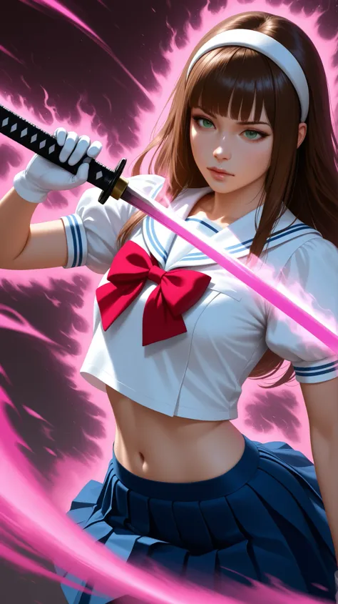 Half-body view of a beautiful woman with long brown hair and full spiky bangs, green eyes, medium chest, wear a white hairband, wear a white sailor school uniform with puff sleeves and red bowties, blue pleated skirt, white gloves, her uniform expose her m...