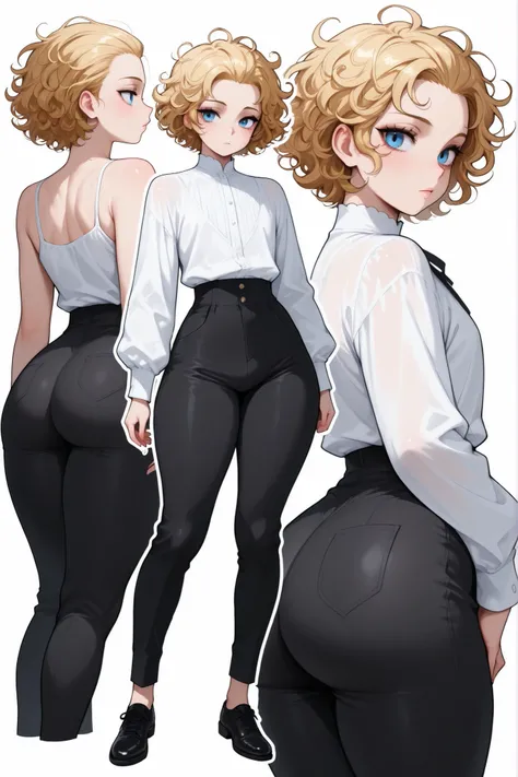 1boy, femboy, blonde Hair, curly hair, blue eyes, thick thighs, small waist, black pants, white shirt, messy hair, curly hair, short hair, hair pulled back, Glossy skin, long sleeves, multiple views, black shoes,  slender shoulders