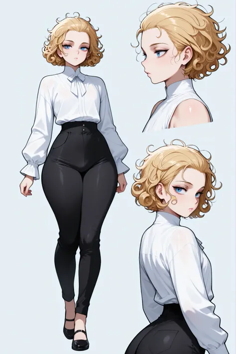1boy, femboy, blonde Hair, curly hair, blue eyes, thick thighs, small waist, black pants, white shirt, messy hair, curly hair, short hair, hair pulled back, Glossy skin, long sleeves, multiple views, black shoes,  slender shoulders