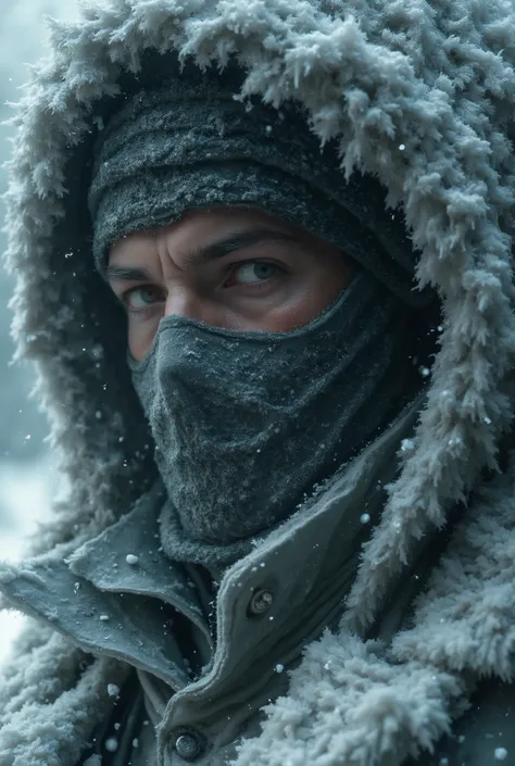 A close up face of a guy in extreme cold with a mask and coat snow in his eyebrows and jacket super realistic ultra pro realistic 4k