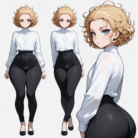 1boy, femboy, blonde Hair, curly hair, blue eyes, thick thighs, small waist, black pants, white shirt, messy hair, curly hair, short hair, hair pulled back, Glossy skin, long sleeves, multiple views, black shoes,  slender shoulders
