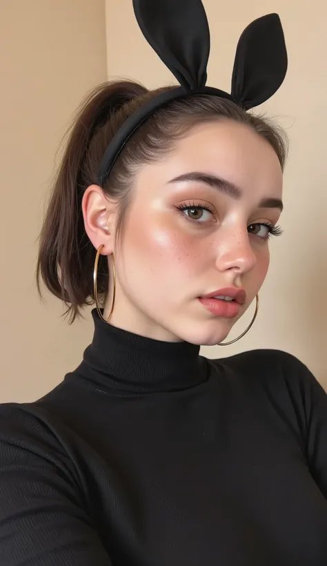 A digital pic of a young woman with pale skin, rocking a black, long-sleeved turtleneck and black bunny ears headband. Her big eyes and full lips are highlighted with light pink lipstick. She's wearing big gold hoop earrings and has a plain beige backdrop....