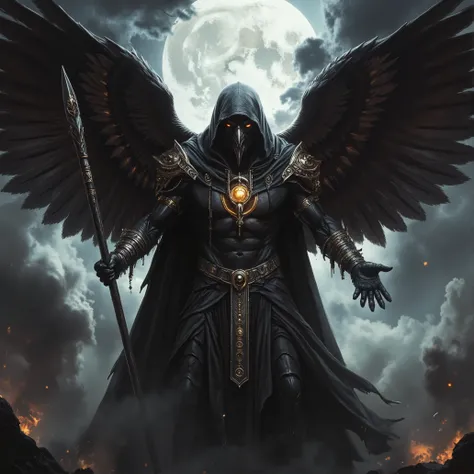 High Resolution, Masterpiece, Depth Of Field, Hyperrealistic, Ultra-Detailed, 8k. Imagine a dark and sinister image of the egyptian god Osiris. Depicted as a colossal muscular anthropomorphic crow god with massive black unfurled wings. Donned in the dark u...