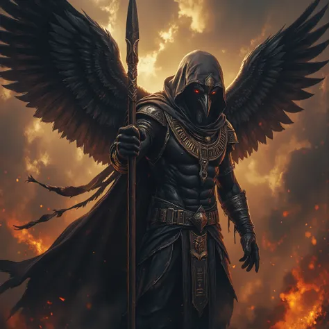 High Resolution, Masterpiece, Depth Of Field, Hyperrealistic, Ultra-Detailed, 8k. Imagine a dark and sinister image of the egyptian god Osiris. Depicted as a colossal muscular anthropomorphic crow god with massive black unfurled wings. Donned in the dark u...