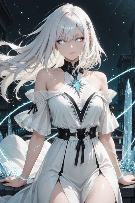 ((masterpiece, best quality, anime style, ultra-detailed)), (1girl, solo, human), (young female, age 18–20, elegant lean build, glowing white human eyes:1.6, cold confident smirk, emotionless stare, fair skin), (long flowing white hair:1.6, wind-blown, lay...
