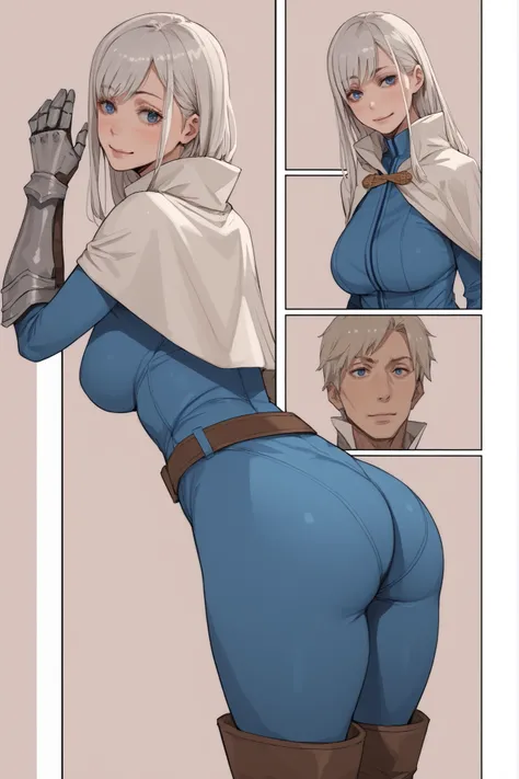 1 girl, long white hair, side bangs, blue eyes, blush lines, pale skin, smile, voluptuous, big breasts, pubes, blue bodysuit, white capelet, brown belt, brown boots, silver gauntleds, simple background, hentai comic, frames, multiple views, multiple frames...