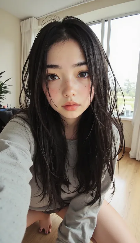 Take a selfie with a fisheye lens、Long straight hair, Light gray top focusing on the subject, Empty Eyes 、 Open your mouth without being lazy 、crouching pose, smooth skin, wear a natural interior background with soft diffused light from a window, light...