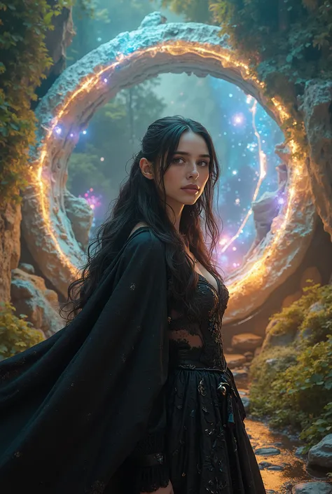 A Beautiful Witch, Fantasy Magical Portal, Magical World , magical atmosphere, photorealistic, advanced details, Best Quality, 4K, 魅力的な女性の肖像, Mysterious Eyes, Elegant Magical Gestures, Wrapped in a Magical Aura, natural look, Delicate skin, Magical Worl...