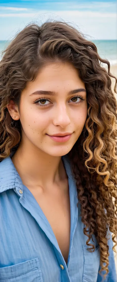 a beautiful 25-year-old student, (detailed facial features), (Sardas:0.2), (acne:0.1), long hair, grosso, luxurious curly hair, handsome Jewish nose , shy smile on the beach wearing Farmer Outfit