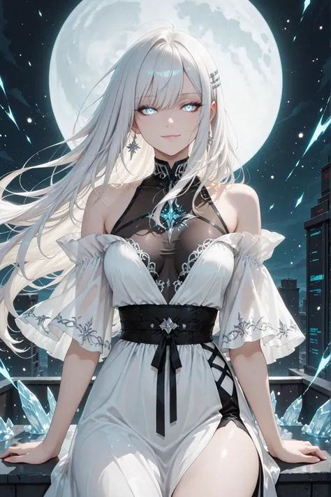 ((masterpiece, best quality, anime style, ultra-detailed)), (1girl, solo, human), (young female, age 18–20, elegant lean build, glowing white human eyes:1.6, cold confident smirk, emotionless stare, fair skin), (long flowing white hair:1.6, wind-blown, lay...