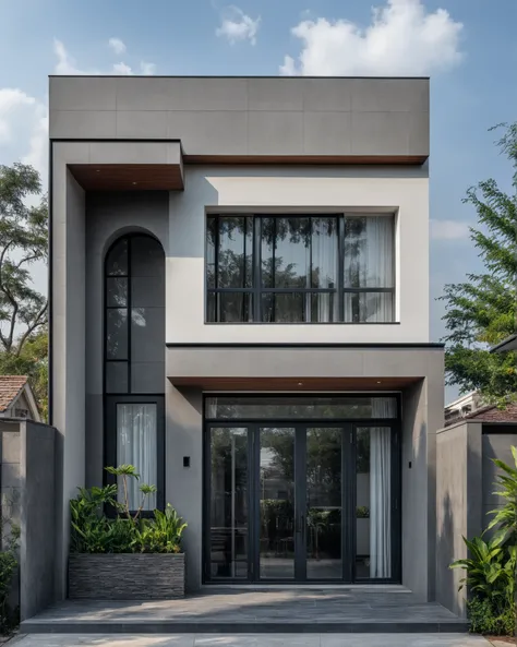 (masterpiece:1.2), best quality, photo of A two-story modern house with white walls and dark tiles on the roof, tree and plant, streetcapes, natural light, The exterior of an elegant single family home features large windows, a dark gray door frame.