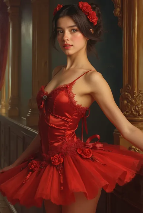 A portrait of a beautiful ballerina in 19th-century France. She has delicate and refined facial features, fair translucent skin, large expressive iridescent eyes, and a graceful smile. Wearing a classic red ballet tutu made of soft silk and lace, adorned ...