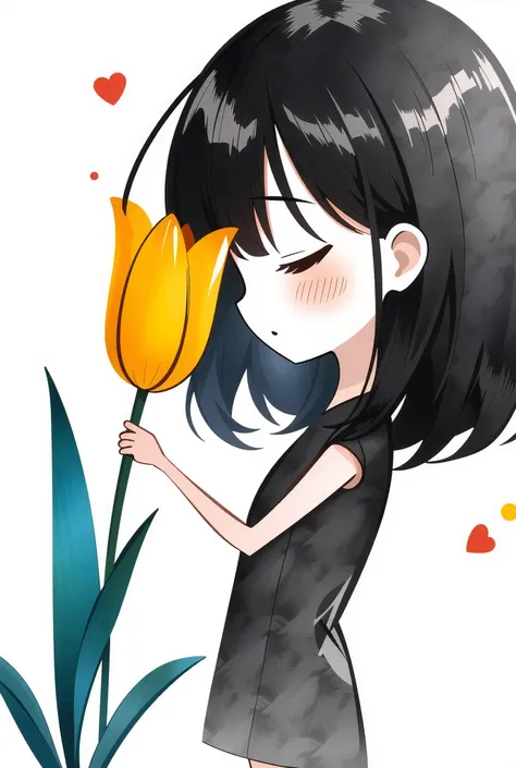 Handwritten Picture Book Style, (sketch followed by rough watercolor coloring, thick handwritten outline, Watercolor smudge expression),
holding a tulip in my hand、I'm smelling the scent, Ultra-small deformation,
BREAK makes ren excited, Suggesting a hap...