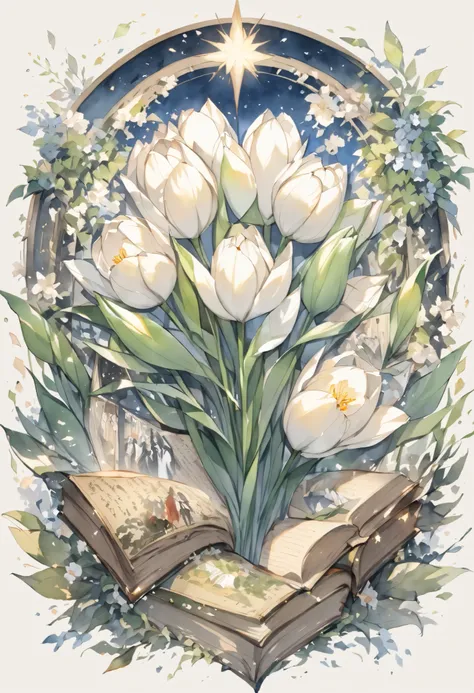 Handwritten Picture Book Style, (sketch followed by rough watercolor coloring, thick handwritten outline, Watercolor smudge expression), 
holding a tulip in my hand、I'm smelling the scent, Ultra-small deformation, 
BREAK makes ren excited, Suggesting a hap...