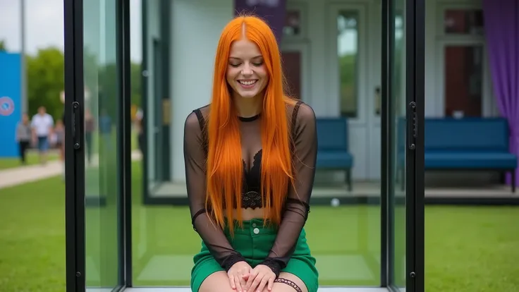 In the grounds of a college campus during a fundraiser, a beautiful 18-year-old girl with long straight orange hair and wearing a sheer see-through black top that reveals her black lace bra underneath, and a short flared green skirt sits in a plexiglass ca...