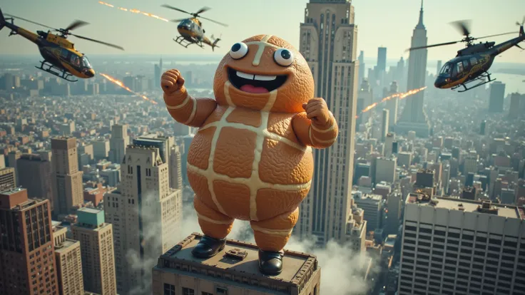 A towering giant of a cute character of hot cross bun,(wide angle:1.5),(bird view:1.5), stands defiantly on the iconic Empire State Building's observation deck. Two choppers swoop in, firing a hail of bullets as the sweet-toothed warrior unleashes a mighty...