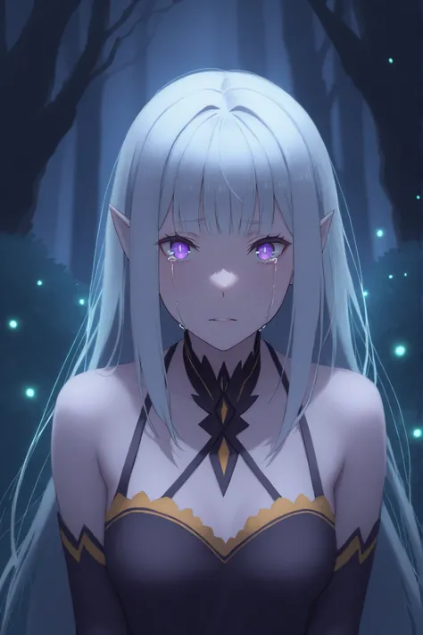 satella_rezero, anime girl, long silver hair, long elf-like ears, violet eyes, crying, realistic, 8K, high resolution, masterpiece, ultra-detailed, photorealistic, HDR, studio lighting, professional, vivid colors, detailed facial features, sorrowful expres...