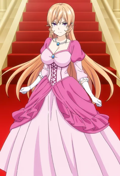 Official anime artwork,anime screencap,anime coloring,masterpiece,best quality,Nakiri Erina,very long hair,blonde hair,hair between eyes,purple eyes, [dark pink princess dress], standing, cross her arms , large breasts,The dress is a dark pink princess gow...