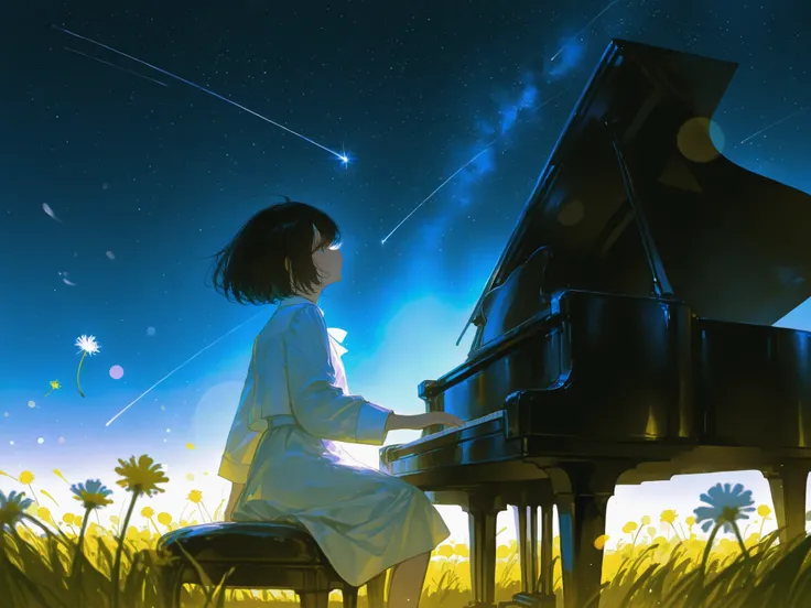 dim、starry sky、girl in white uniform playing piano、long black hair、profile、fantastic atmosphere、high image quality,8K,Super Fine,HDR,studio lighting,,professional,vivid colors,Bokeh、 Proximity、A Distant View、Dandelion field hill、丘の後ろにstarry sky、night、 shoo...