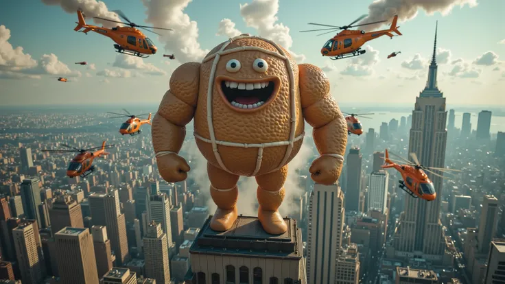 A towering giant of a cute character of hot cross bun,(wide angle:1.5),(bird view:1.5), stands defiantly on the iconic Empire State Building's observation deck. Two choppers swoop in, firing a hail of bullets as the sweet-toothed warrior unleashes a mighty...