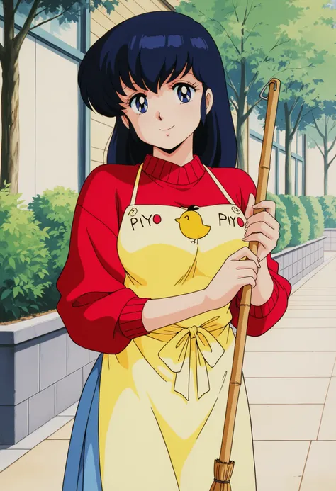 masterpiece, best quality, amazing quality, detailed background, perfect eyes, anime coloring, anime screenshot, 1980s \(style\), 1girl, solo, mature female, otonashi kyouko, black hair, long hair, , blue eyes, medium breasts, yellow shirt under red sweate...