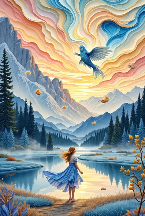 Create a hand-painted watercolor illustration of a dreamlike scene where a young sexy woman stands on the shore of a magical lake, her dress dissolving into soft blue and peach watercolor washes with visible brushstrokes at the edges. The lake reflects pag...
