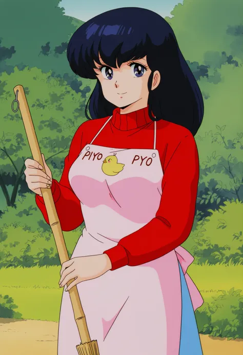 masterpiece, best quality, amazing quality, detailed background, perfect eyes, anime coloring, anime screenshot, 1980s \(style\), 1girl, solo, mature female, otonashi kyouko, black hair, long hair, , blue eyes, medium breasts, yellow shirt under red sweate...