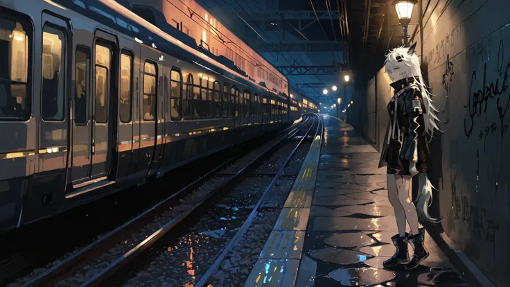 masterpiece,best quality,Super Details,8k, arknights, human hand, white hair, lappland, solo, one girl, moody urban street at night under a railway bridge, overhead train tracks, one dim streetlamp casting light on a person leaning against a graffiti-cover...
