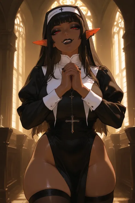 hires, 1girl, ((dark skin)), brown skin, elf ears, goth, black hair, straight hair, long hair, red eyes, thick lips, big lips, (((lips))), half closed eyes, long eyelashes, blunt bangs, adult, black eyeliner, ear piercings, black lipstick, black and red ey...