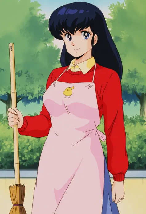 masterpiece, best quality, amazing quality, detailed background, perfect eyes, anime coloring, anime screenshot, 1980s \(style\), 1girl, solo, mature female, otonashi kyouko, black hair, long hair, , blue eyes, medium breasts, yellow shirt under red sweate...