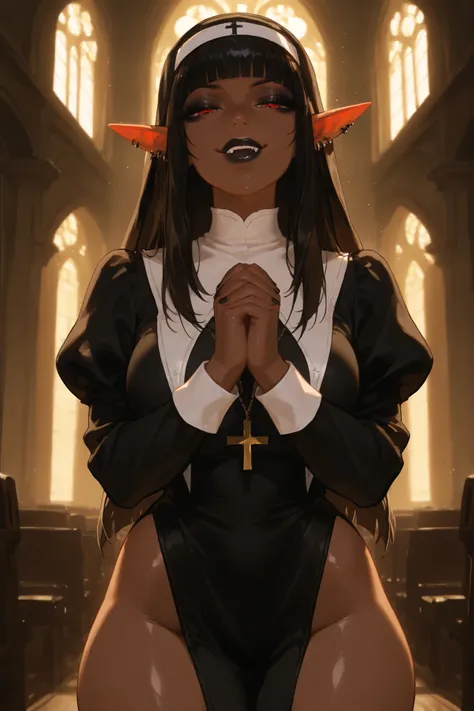 hires, 1girl, ((dark skin)), brown skin, elf ears, goth, black hair, straight hair, long hair, red eyes, thick lips, big lips, (((lips))), half closed eyes, long eyelashes, blunt bangs, adult, black eyeliner, ear piercings, black lipstick, black and red ey...