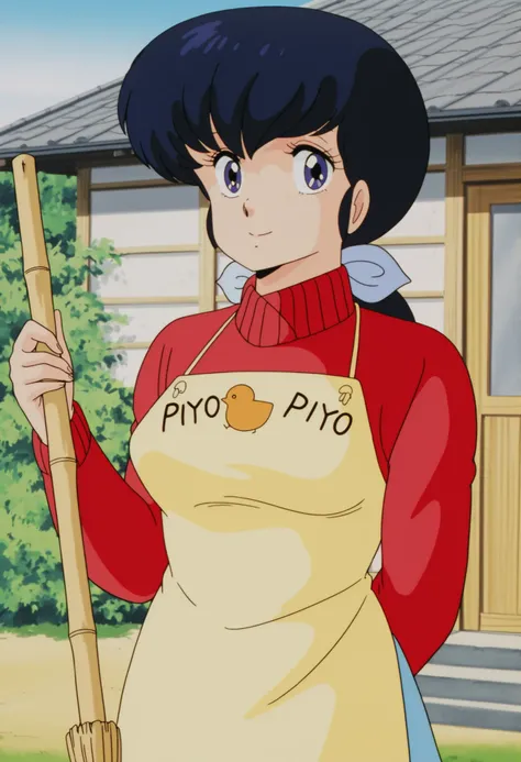 masterpiece, best quality, amazing quality, detailed background, perfect eyes, anime coloring, anime screenshot, 1980s \(style\), 1girl, solo, mature female, otonashi kyouko, black hair, long hair, , blue eyes, medium breasts, yellow shirt under red sweate...