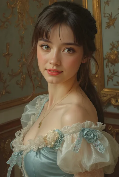 A portrait of a beautiful ballerina in 19th-century France. She has delicate and refined facial features, fair translucent skin, large expressive iridescent eyes, and a graceful smile. Wearing a classic ballet tutu made of soft silk and lace, adorned with...