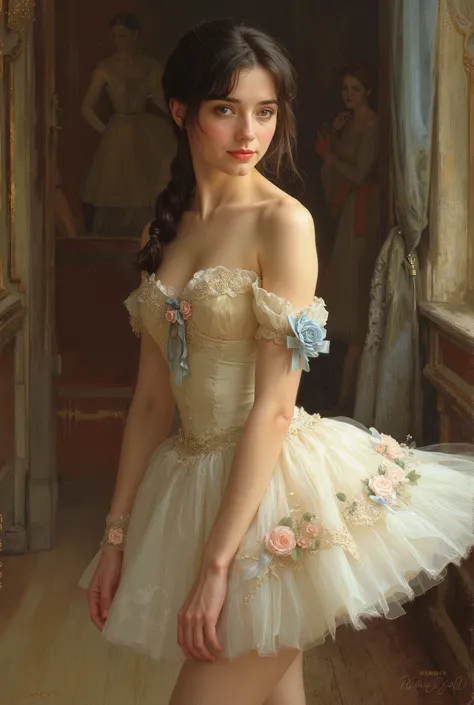 A portrait of a beautiful ballerina in 19th-century France. She has delicate and refined facial features, fair translucent skin, large expressive iridescent eyes, and a graceful smile. Wearing a classic ballet tutu made of soft silk and lace, adorned with...
