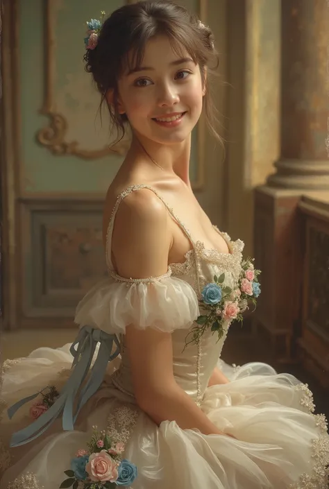 A portrait of a beautiful ballerina in 19th-century France. She has delicate and refined facial features, fair translucent skin, large expressive eyes, and a graceful smile. Wearing a classic ballet tutu made of soft silk and lace, adorned with ribbons an...