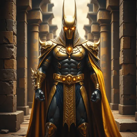 Hyper-realistic, Ultra-detailed, High-Resolution, Masterpiece, Depth of Field. Imagine a waist-up shot of Batman depicted as an ancient egyptian god. Donned in golden futuristic segmented armor inspired by ancient Egyptian god. Made of futuristic metal and...