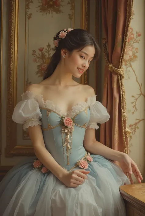 A portrait of a beautiful 18-year-old ballerina in 19th-century France. She has delicate and refined facial features, fair translucent skin, large expressive eyes, and a graceful smile. Wearing a classic ballet tutu made of soft silk and lace, adorned with...