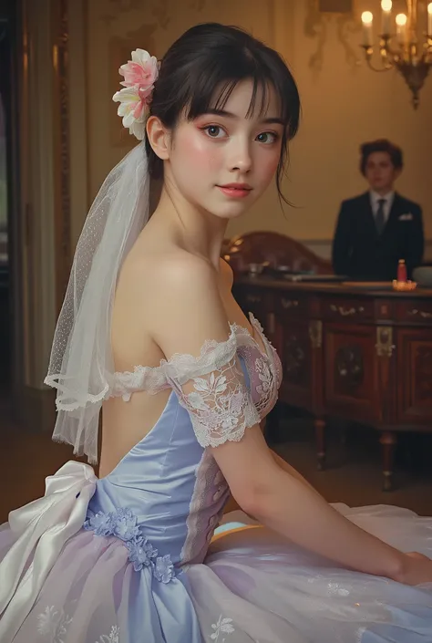 A portrait of a beautiful 18-year-old ballerina in 19th-century France. She has delicate and refined facial features, fair translucent skin, large expressive eyes, and a graceful smile. Wearing a classic ballet tutu made of soft silk and lace, adorned with...