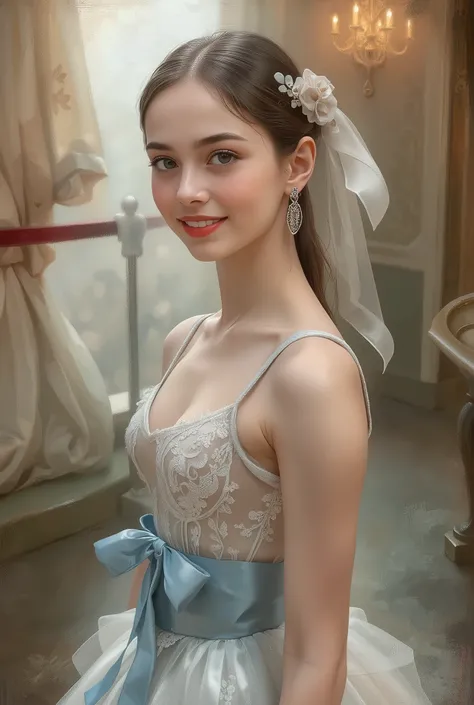 A portrait of a beautiful 18-year-old ballerina in 19th-century France. She has delicate and refined facial features, fair translucent skin, large expressive eyes, and a graceful smile. Wearing a classic ballet tutu made of soft silk and lace, adorned with...