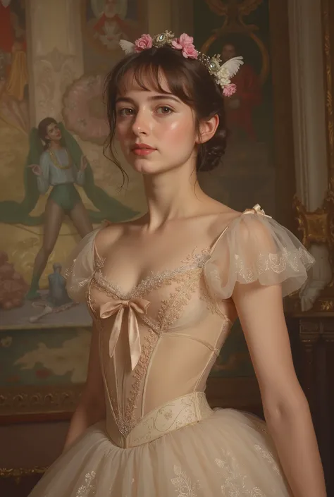 A portrait of a beautiful 18-year-old ballerina in 19th-century France. She has delicate and refined facial features, fair translucent skin, large expressive eyes, and a graceful smile. Wearing a classic ballet tutu made of soft silk and lace, adorned with...