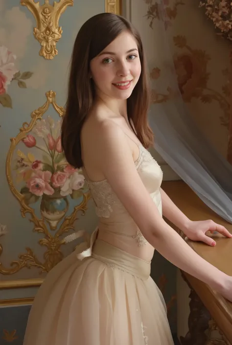 A portrait of a beautiful 18-year-old ballerina in 19th-century France. She has delicate and refined facial features, fair translucent skin, large expressive eyes, and a graceful smile. Wearing a classic ballet tutu made of soft silk and lace, adorned with...