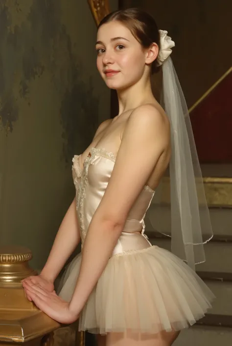 A portrait of a beautiful 18-year-old ballerina in 19th-century France. She has delicate and refined facial features, fair translucent skin, large expressive eyes, and a graceful smile. Wearing a classic ballet tutu made of soft silk and lace, adorned with...