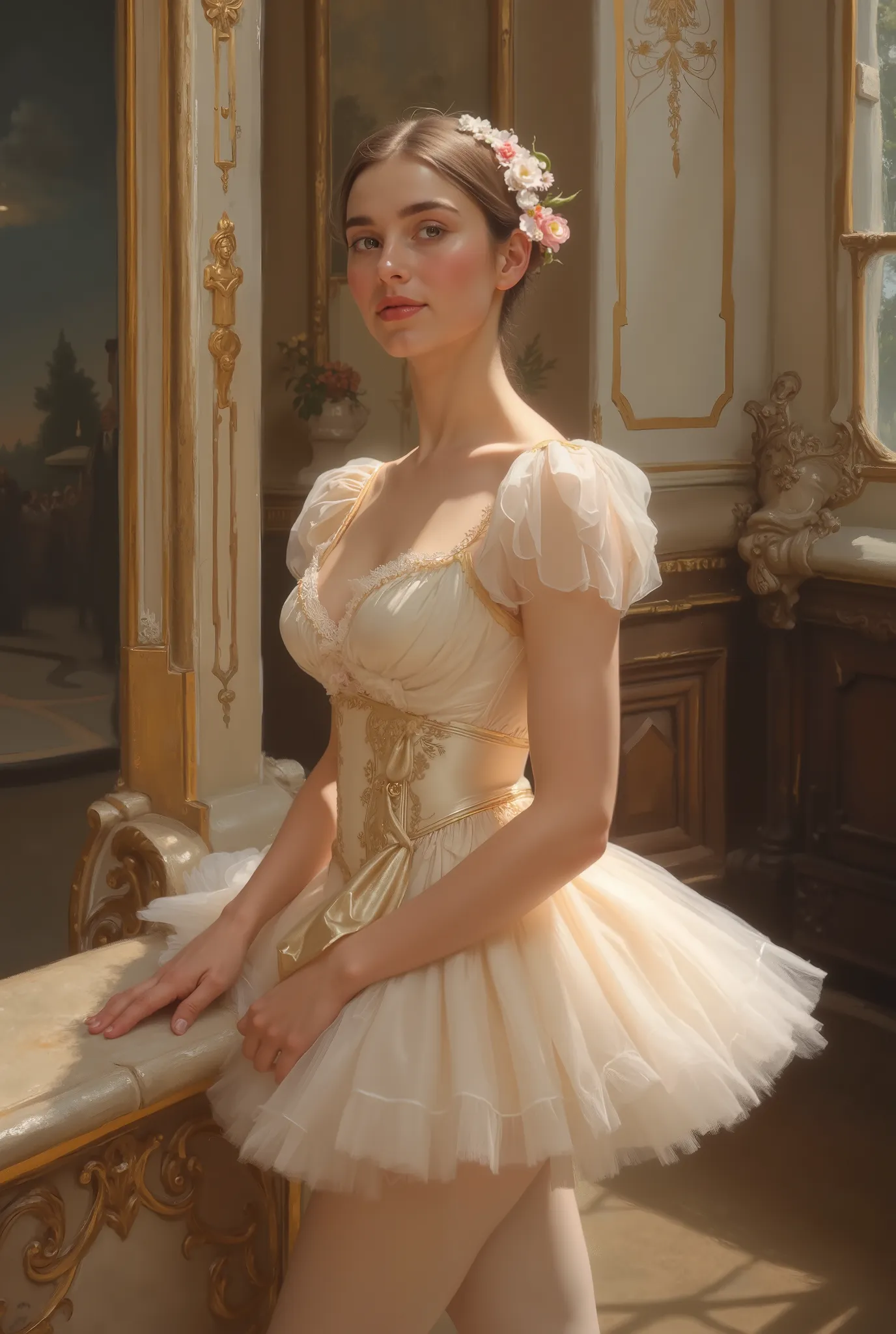 A portrait of a beautiful 18-year-old ballerina in 19th-century France. She has delicate and refined facial features, fair translucent skin, large expressive eyes, and a graceful smile. Wearing a classic ballet tutu made of soft silk and lace, adorned with...