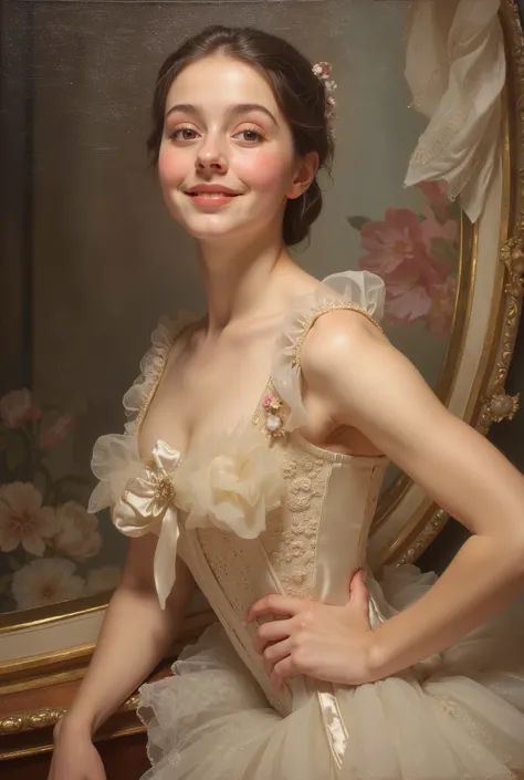 A portrait of a beautiful 18-year-old ballerina in 19th-century France. She has delicate and refined facial features, fair translucent skin, large expressive eyes, and a graceful smile. Wearing a classic ballet tutu made of soft silk and lace, adorned with...