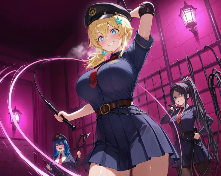 masterpiece,best quality,{{Detailed Beautiful Faces and Eyes}}, Very Detailed Background,
The hair color and hairstyle are random 、 o,hair ornament,star hair ornament,blue eyes,big breasts,
I'm wearing a school uniform that shows my chest、belt,Elbow pads,B...