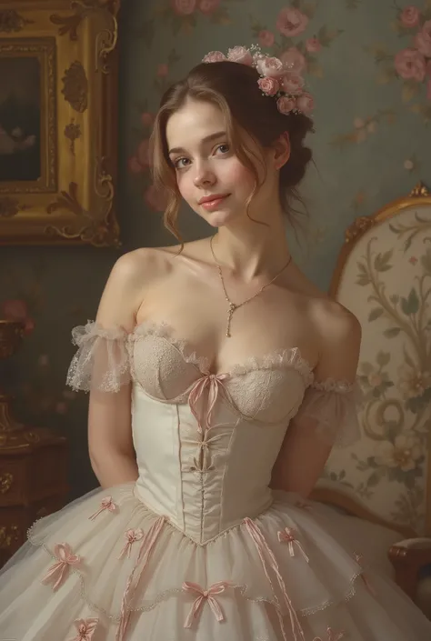 A portrait of a beautiful 18-year-old ballerina in 19th-century France. She has delicate and refined facial features, fair translucent skin, large expressive eyes, and a graceful smile. Wearing a classic ballet tutu made of soft silk and lace, adorned with...